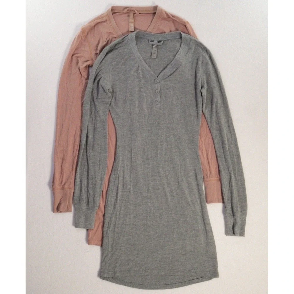 Skims Henley Sleep Long Sleeve Mini Dress Night Gown Bodycon Sz XS 2 Set